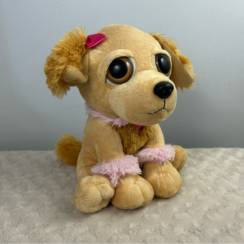The Petting Zoo Tan Puppy Dog Plush Stuffed Animal Toy Pink Bow Heart Big Eyes